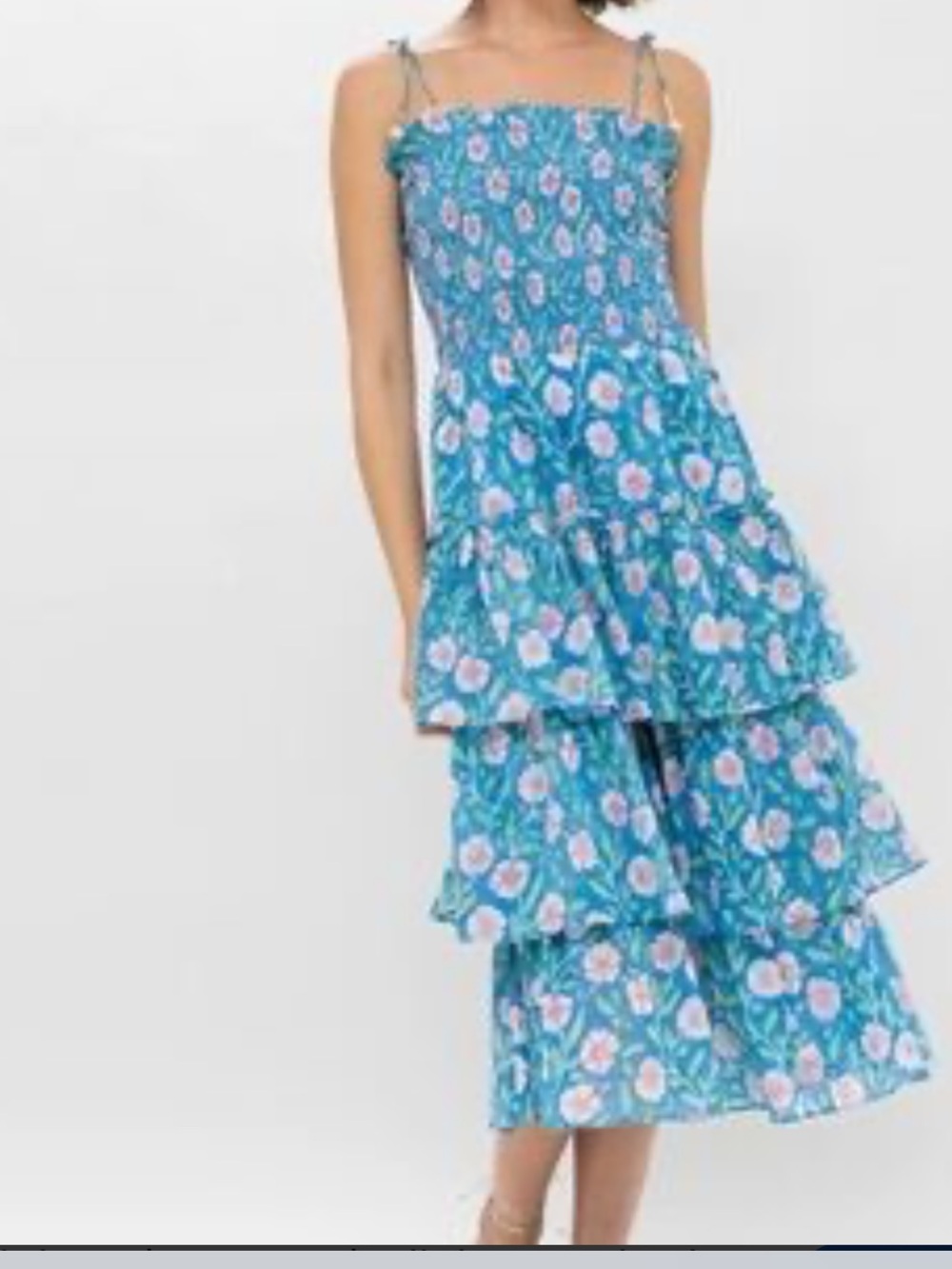 Oliphant Blue Floral Tiered Sundress with Pink Accents